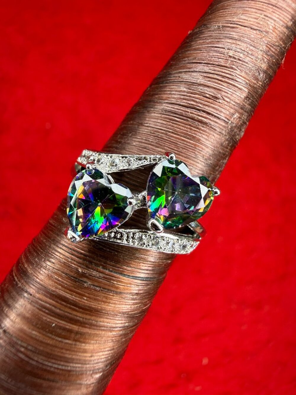 Sterling Silver CZ Dual Hearts Ring, Size 6.5